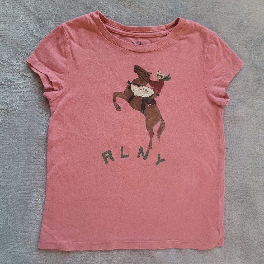 🧸2/20$ Polo Ralph Lauren Dusty Pink Kids Tee Horse Riding RLNY Size 4T Cowboy